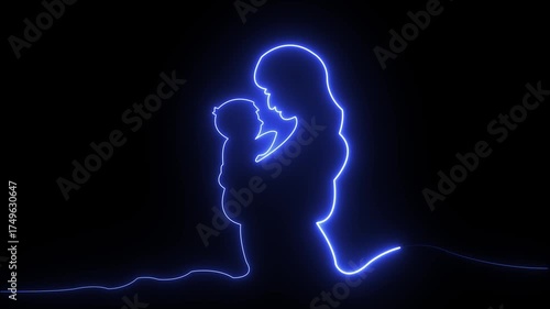 A glowing blue neon outline animation of a mother holding her baby close, symbolizing love and family bonds against a dark background, perfect for emotional or abstract themes.	