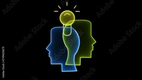 Neon abstract animation of two human heads in profile with a glowing lightbulb above, representing ideas, creativity, and innovation in blue and yellow neon lights on a black background.	