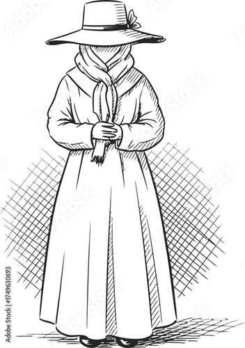 Woman wearing bonnet and long cloak, holding document, vintage ink drawing. Historical illustration for book, education, old paper