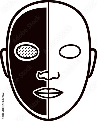 Abstract split face mask icon. Concept of duality, emotion, identity. Modern minimalist style. Vector symbol for web, app, logo, graphic design
