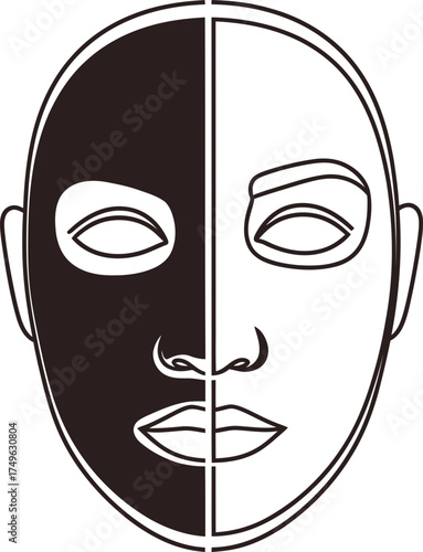 Human face half black and half white representing duality or contrasting emotion. Flat style outline vector illustration for psychology, identity, social inclusion