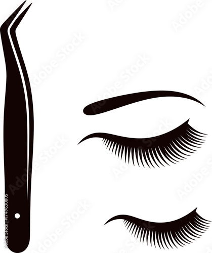 Eye with long eyelashes and eyebrow next to tweezers. Beauty salon, makeup service, eyelash extension concept. Modern vector illustration design