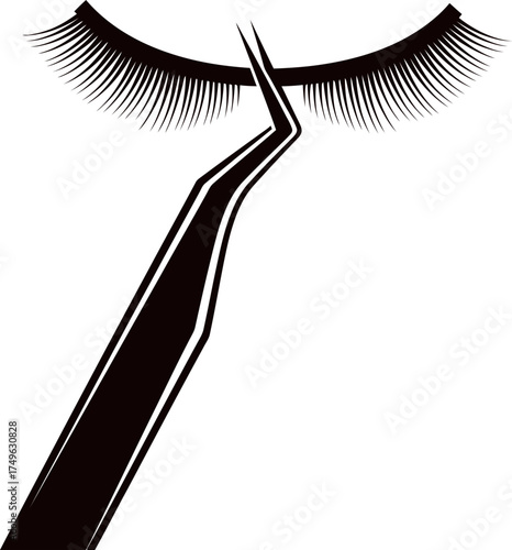 Black tweezers holding an artificial eyelash strip. Eyelash extension procedure concept. Vector illustration for beauty salon, makeup artist
