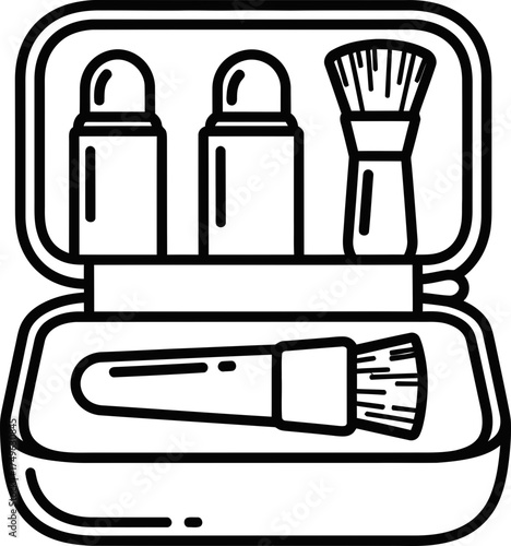 Cosmetic bag with makeup tools, bottle, brush. Beauty and personal-care concept. Outline black and white style. Vector illustration icon for web, app