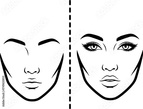Woman face before and after makeup with basic outline and cosmetic application. Before and after concept. Vector illustration for makeup tutorial