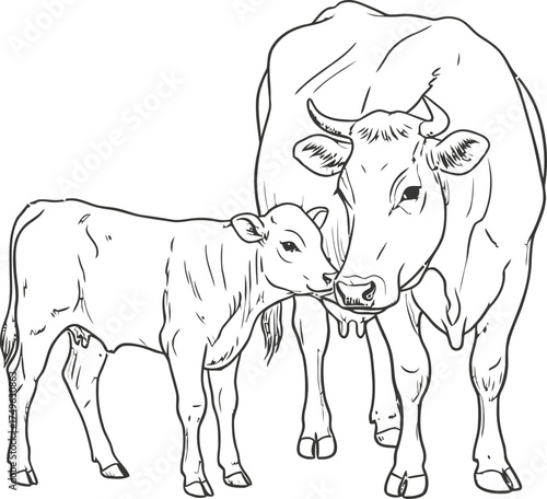 Cow and calf with udder mother animal standing with baby, black outline on white background domestic farm life concept vector illustration