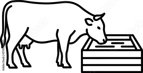 Cow drinking water from a trough, a farm animal icon, simple line style vector illustration for agriculture design