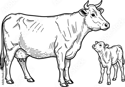 Cow and calf side view, isolated on white. Farm animal concept. Vector illustration for agricultural design
