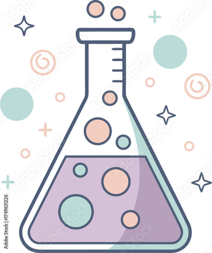 Illustration of a conical flask containing a bubbling purple liquid, surrounded by decorative shapes and stars.
