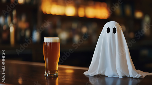 Halloween night: A pint of beer shares the bar with a charming ghost. Spooky meets spirits in a festive celebration. Cheers to eerie fun!