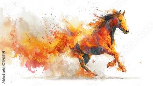 Dynamic image of a horse running forward white its body transforms into flames and splashes of colors on white background. Fire horse New Year 2026 illustration. Generative AI