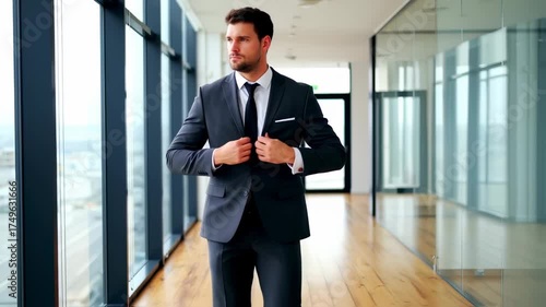 Confident Businessman Adjusting Tie in Modern Office Hallway with City View.