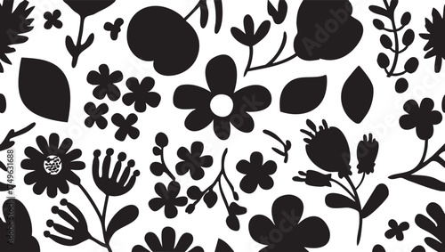 Black and white floral pattern vector - seamless flower design eps silhouette