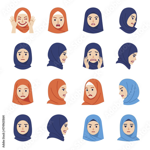 Diverse Collection of Muslim Womens Faces Expressing Various Emotions and Perspectives.