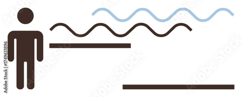Person standing near abstract sound waves, lines representing frequencies or signals. Ideal for communication, sound, technology, education, innovation, acoustics visualization. Simple flat metaphor