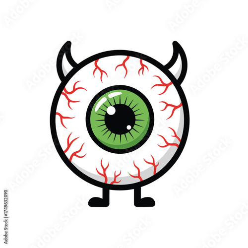 Cute Devil Eyeball Monster Character, Cartoon Halloween Eye with Horns and Legs