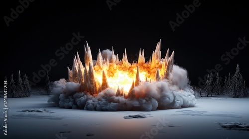 Explosive Ice Burst in Winter Landscape: A Dramatic Scene of Ice and Fire, Ideal for Action and Fantasy Concepts