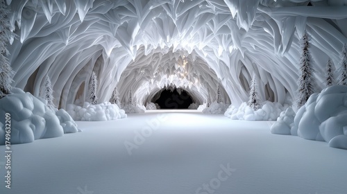 Frozen Ice Cave Landscape: A Winter Wonderland Scene with Snow-Covered Trees and Ice Formations, Ideal for Holiday and Fantasy Themes