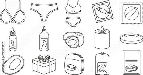 Collection of hand drawn sketches of lingerie and boxing equipment