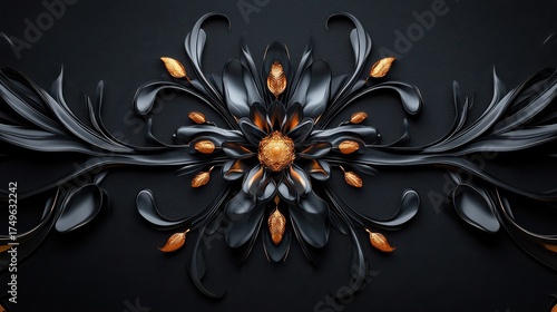 Elegant Black and Gold Floral Ornament: A Luxurious Decorative Design for Backgrounds, Invitations, and Fine Art Projects