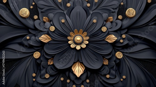 Opulent Black and Gold Floral Mandala: A Luxurious Decorative Design for Backgrounds, Invitations, and Fine Art Projects