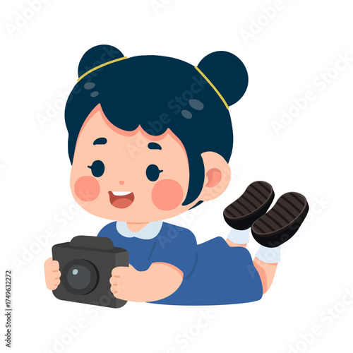Cartoon Girl Lying Down Taking Photo
