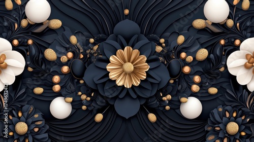 Ornate Floral Mandala in Navy, White, and Gold: A Luxurious Decorative Design for Backgrounds, Invitations, and Fine Art Projects