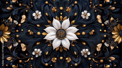 Elegant Floral Mandala in Navy, White, and Gold: A Luxurious Decorative Design for Backgrounds, Invitations, and Fine Art Projects