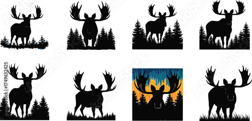 Moose silhouette in forest, wildlife illustration, pine trees background, majestic animal, nature scene, antlers, sunset view, walking moose, outdoor wilderness, black and white art