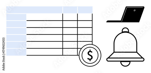 Tabular data grid with dollar coin, alert notification bell, and laptop symbol. Ideal for finance, budgeting, data analysis, accounting, notifications, business strategy simple flat metaphor