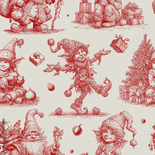 Traditional European Christmas scenes with elves and dwarves. Seamless vector pattern. Vintage engraving or ink drawing style vector illustration.