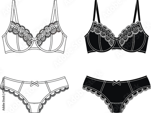 Black and white sketch of lace bra and panty set
