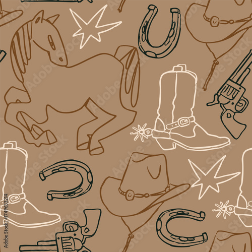 Wild west symbols. Outline trendy style. Horse, cowboy boot, hat, revolver pistol, horse shoe. Hand drawn trendy Vector illustration. Square seamless Pattern, background, wallpaper