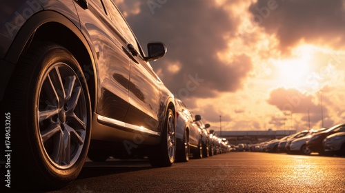 A row of parked cars glistens in the warm glow of a sunset, creating a serene atmosphere in the parking lot.