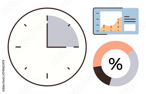 Clock highlighting productivity time, line graph displaying trends, and donut chart with percentage. Ideal for business, productivity, strategy, data analysis, time efficiency, statistics simple