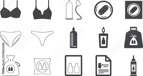 Collection of silhouette icons representing personal care and household items