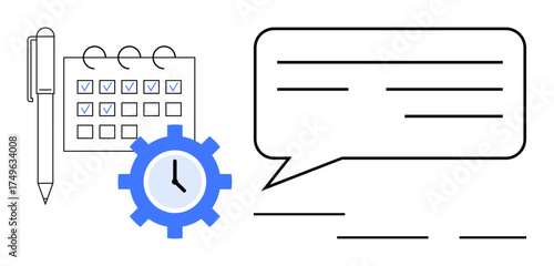 Calendar marked with tasks, pen for note-taking, clock inside gear signifying time management, speech bubble for communication. Ideal for planning, productivity, teamwork, deadlines, scheduling