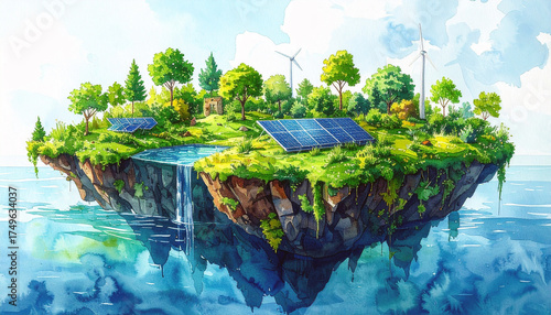 Floating Oasis: A visionary depiction of a sustainable ecosystem, where lush greenery, renewable energy sources, and flowing water converge on an ethereal island.