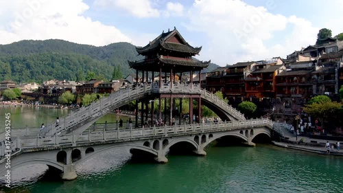 Fenghuang Ancient Town Traditional Pagoda Bridge Aerial Photography China Historic Architecture