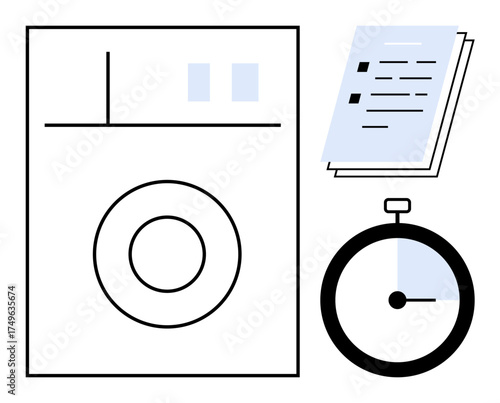 Washing machine, timer, and manual emphasize appliance usage, time savings, and task organization. Ideal for efficiency, productivity, cleanliness, appliance care household instructions simple