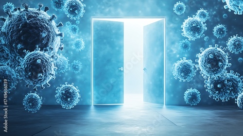 Open doors provide a gateway through a blue field of floating corona virus pathogens