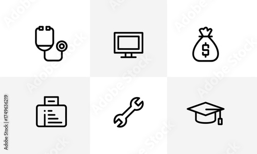 Versatile line art vector icons collection for professional careers, education, finance, and technology, ideal for modern web and app design