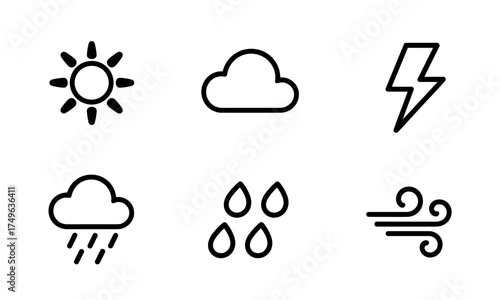 Weather forecast set of minimalist vector icons depicting climate conditions and weather events