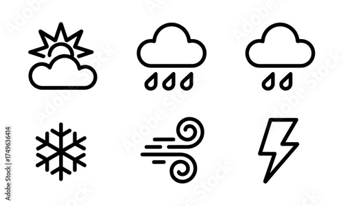 Weather Icons Set Sunny, Rainy, Snowy, Windy, and Thunderstorm. Simple Outline Symbols for Forecasting