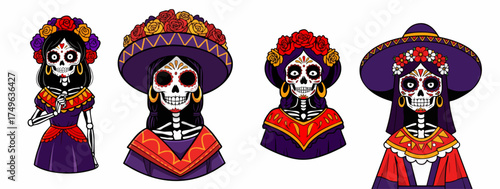 Colorful skeleton characters for cultural celebration with flowers and traditional clothing. Skeleton characters wear vibrant dresses with floral accents and elaborate hats,