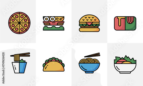 Modern flat design vector food icons set featuring diverse popular dishes such as pizza, burgers, tacos, noodles, and salads, ideal for digital menus, apps, and culinary projects