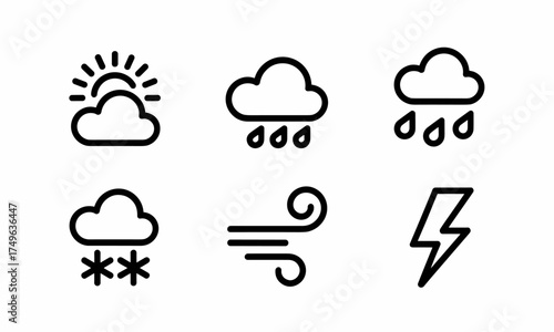 Essential collection of weather forecast icons showcasing various atmospheric conditions for daily predictions and seasonal changes, ideal for app interfaces and informational graphics
