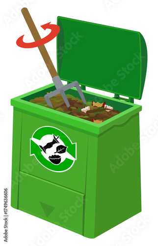 Compost bin where a spade is stirring the compost to aerate it (cut out)