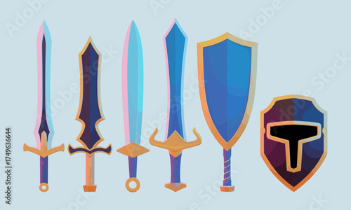 Collection of fantasy medieval swords and shields with polygonal low-poly design