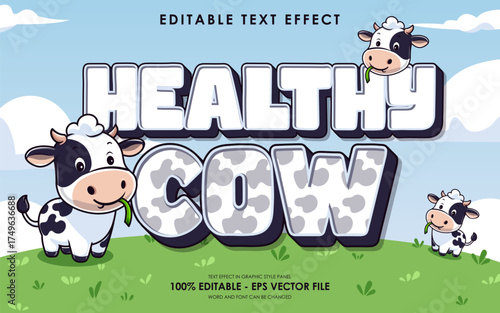 healthy cow editable text effect, with illustration of cute cow